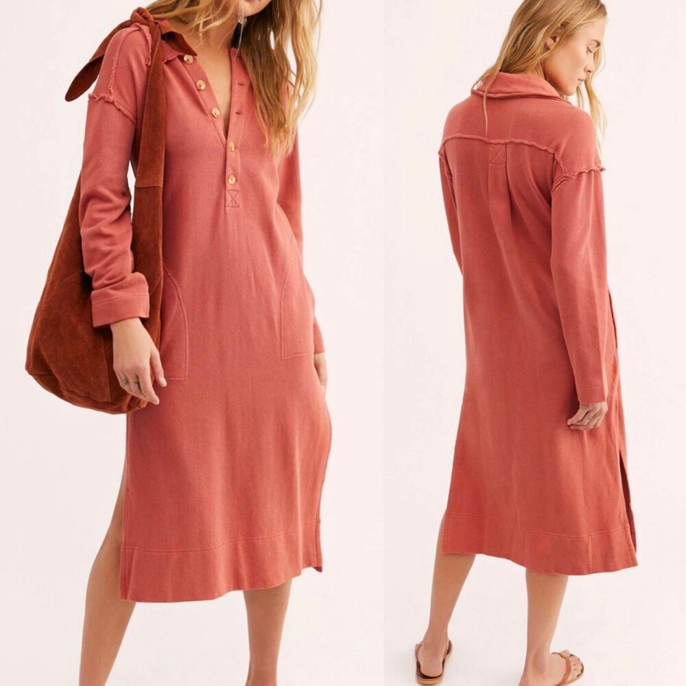 FREE PEOPLE On My Way Polo Henley Red Knit Sweatshirt Midi Dress Womens Medium